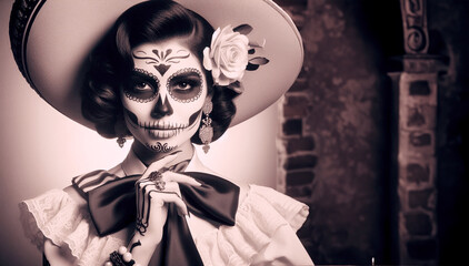 Foto antigua de mujer con vestimenta de mariachi y maquillaje de calavera. Día de muertos mexicano. Colores sepia