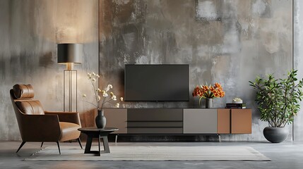 Cabinet TV in modern living room with armchair lamp table flower and plant on concrete wall background