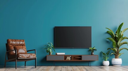 Cabinet TV in modern living room with leather armchair and plant on blue wall background