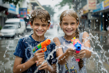Happy traveler european boy and girl wearing summer shirt holding colourful squirt water gun over blur city, Water festival holiday concept
