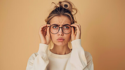 Woman wearing glasses looking stressed and nervous. Anxiety problem. isolated on beige background