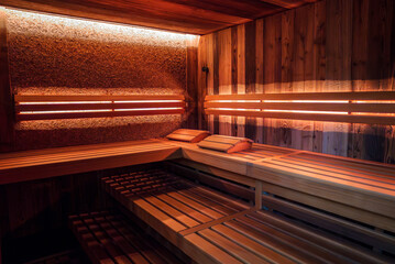 Interior of wooden sauna with light colored walls and benches, multiple levels of seating, infrared...