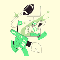 Fototapeta premium People watching rugby match, wagering on American football online. Person bets on sports, play games of fortune, chance game. Gambling service, bookmaker app concept. Flat isolated vector illustration