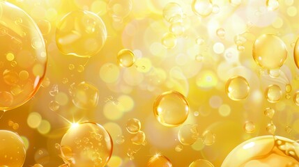 Background with oil drops texture, yellow omega bubbles, gold liquid droplets. Realistic 3D modern honey and syrup blobs. - obrazy, fototapety, plakaty