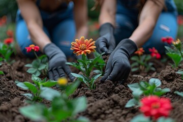 Hands in gardening gloves carefully plant vibrant flowers to create a butterfly garden, cultivating beauty and biodiversity.
