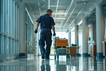 Janitor in uniform pushing a cleaning cart along the corridor of a modern building