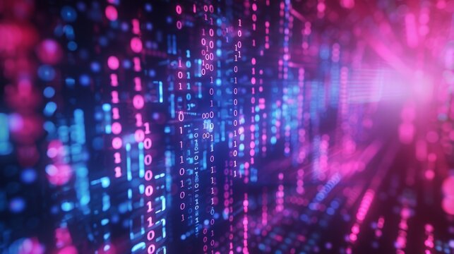 Digital binary code with glowing neon lights
