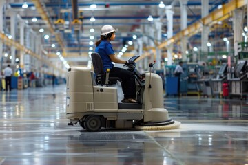 Worker driving a floor cleaning machine in an industrial factory with bright floor lines