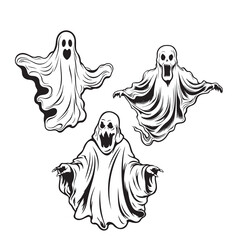 Set of ghosts cartoon sketch hand drawn Vector Halloween illustration