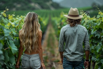 A couple viewing vineyards, back to the camera, with woman wearing a straw hat.