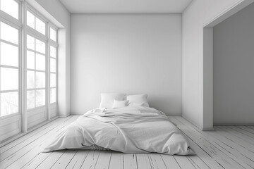horizontal image of a bright minimal bedroom in a bright loft space, natural light and plenty of mockup space