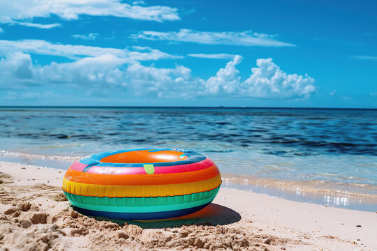 horizontal image of a colourful toy lifesaver floating donut at the beach in a hot summer day