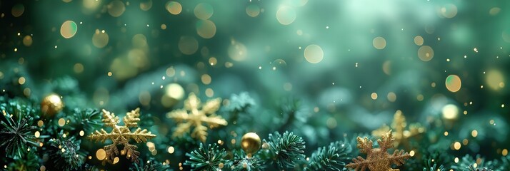 A green Christmas background with a bunch of snowflakes and gold ornaments - obrazy, fototapety, plakaty