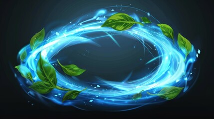 Blue air flow with green leaves. Glow circle and swirls, wand trails, fresh menthol breath or detergent isolated on transparent background. Realistic 3D modern illustration. - obrazy, fototapety, plakaty