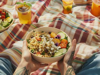 Healthy Vegan Quinoa Salad and Fresh Smoothie Outdoor Picnic