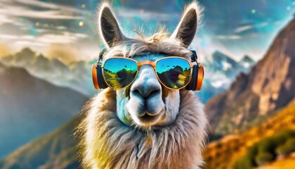 close up of lama with sunglasses and headphones generated using ai technology