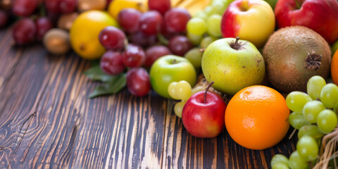 Fruits : pommes, raisin, kiwis et oranges posés sur une table en bois brut - obrazy, fototapety, plakaty