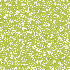 messy delicate white linear botanical tiny flowers and leaves spring season holiday vector seamless pattern set on light green background - 781158337