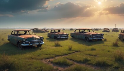 A collection of classic cars sits abandoned in the vast Serengeti plains, basked in the warm glow of a setting sun. AI Generation