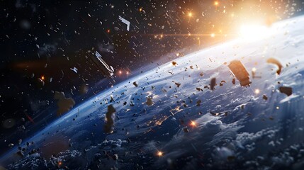 Satellite debris flying around the planet