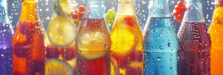 Lots of bottles of cold fruit water, tea or sodas with large drops of condensation on them. A refreshing drink. Illustration for cover, interior design, brochure, advertising, marketing, presentation. - obrazy, fototapety, plakaty