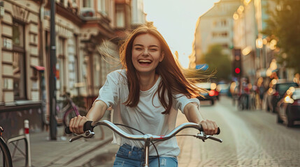 Super cheerful girl on a bicycle enjoying the movement