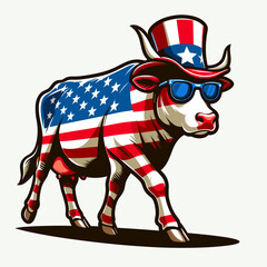 Cow Wear USA Top Hat, 4th of July patriotic American flag, Cartoon Clipart Vector illustration, Independence day themed Mascot Logo Character Design, presidential election
