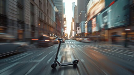 A futuristic electric scooter gliding through a bustling city street, with skyscrapers towering overhead and a blur of motion in the background.