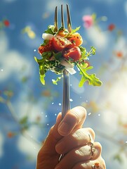 Fresh Tomato and Arugula Salad on Fork Against Blue Sky