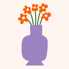 Bright flowers bouquet in vase vector clipart. Trendy paper cut floral illustration. Flat botanical elements