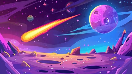 A galaxy background with planet, stars and meteor in outer space. An alien planet or moon landscape with craters and comets in the night sky, modern illustration.