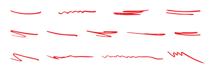 Hand drawn check mark and brush lines, red marker, check mark, underline stroke. Vector illustration hand drawn circles, underlines, check marks collection