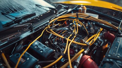 A main wiring harness being carefully routed through the chassis of a race car, emphasizing the importance of lightweight design and optimal performance in motorsports. - obrazy, fototapety, plakaty