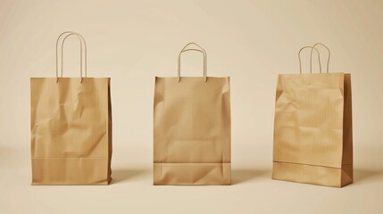 Brown paper bag and handle modern mockup. Shopping package mock up to carry food front view icon merchandising design collection. 3D retail reusable branding merchandise illustration.