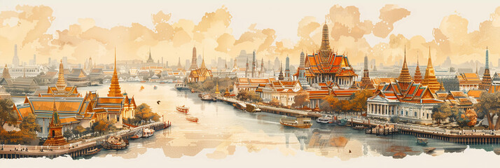 Golden Hour Splendor of Wat Arun and Chao Phraya River - obrazy, fototapety, plakaty