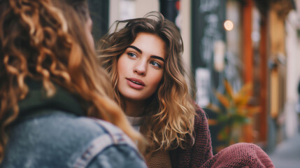街で若い女性が友人と真剣なことや面白いことについて話し合っている。