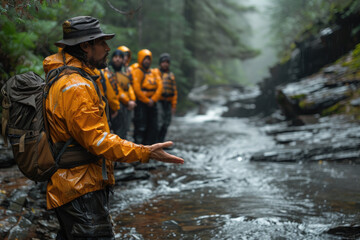 A man in a rain jacket gesturing by a stream in a forest.