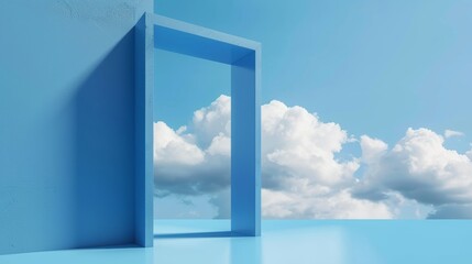 In this 3D rendering, there is a blue geometric background topped with white clouds. A square portal window is in the blue wall to the left.