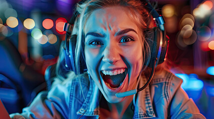 Image of excited girl playing video game on pc - Powered by Adobe