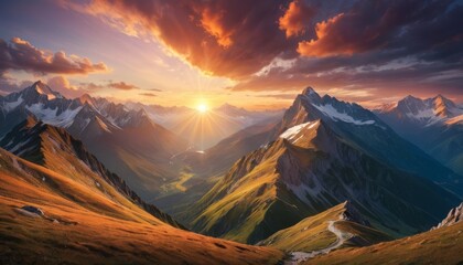 The sun crests the peaks of majestic mountains, casting vibrant hues over the sweeping valleys and ridges at dawn.. AI Generation