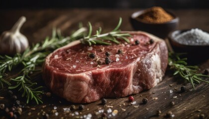 a close up view of a raw ribeye steak with various seasonings displayed on a dark wooden background