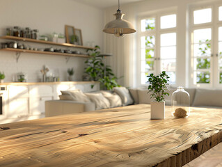 White minimalistic natural wooden kitchen open area space with an empty wooden table top mockup for product placement.