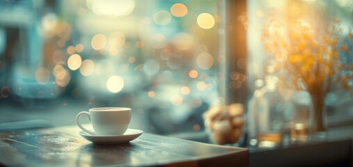 Morning coffee cup on a rustic wooden table with soft-focus background of a cafe. - obrazy, fototapety, plakaty