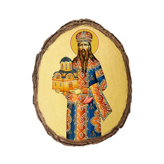 Christian vintage illustration of Saint Stefan Milutin. Golden religious image in Byzantine style on white background - 781160912