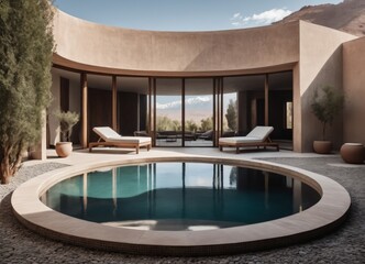 a large flat seamless round swimming pool within a round courtyard of a modern brutalist house snowy mountains in the background