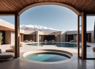 a large flat seamless round swimming pool within a round courtyard of a modern brutalist house snowy mountains in the background