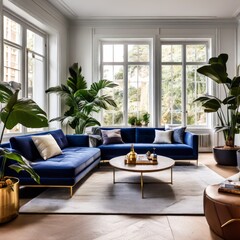 Blue sofa anchoring a minimalist living room, juxtaposed with hints of brass accents, placed indoor plants like Monsteras and Sansevierias softening the space