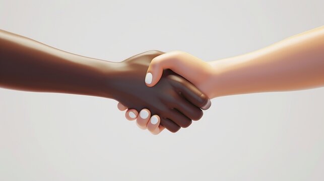The handshake icon in 3D. Cartoon African American and white cartoon character hands. The international relations concept in 3D. Business clip art isolated on white background. Market deal