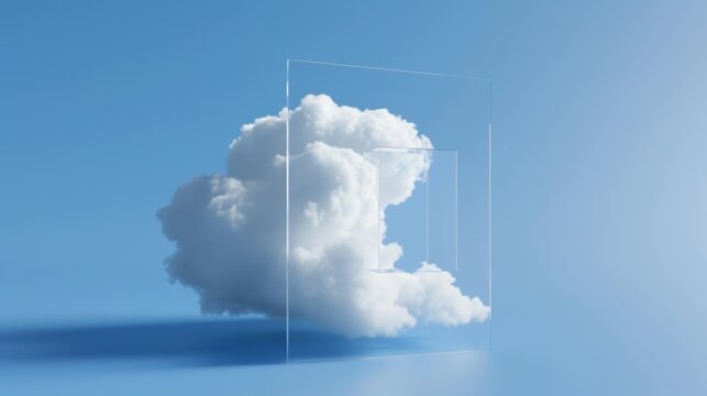 The 3d render shows a white cloud travelling through a square mirror on an abstract, minimal blue background
