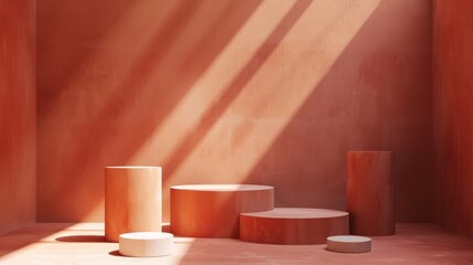 Abstract modern showcase with assorted geometric shapes isolated on terracotta background, illuminated by sunlight